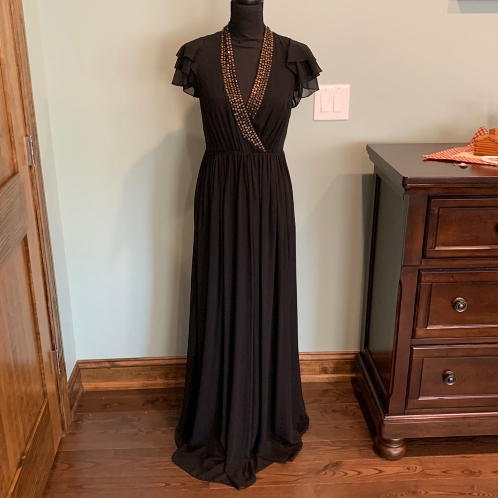 Calvin Klein Black evening maxi dress with bronze/pewter beading detail
